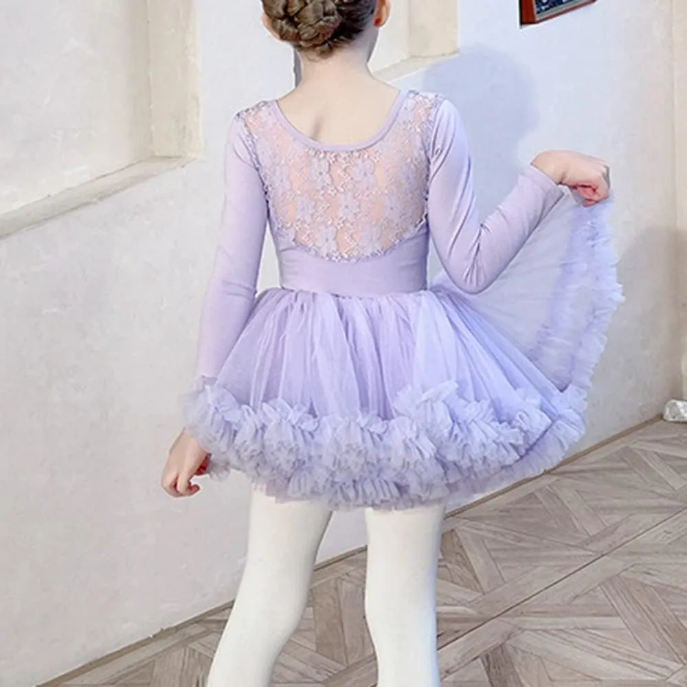 Girls Ballet Dance Outfits Long Sleeve Lace Leotards Tutu Fluffy Skirt Ballerina Dress for Toddler