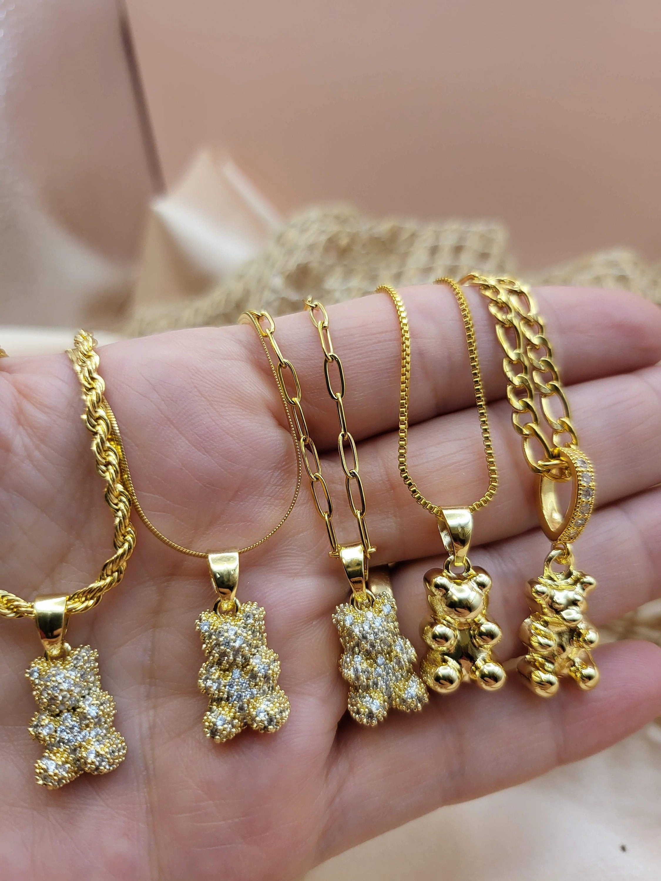 Gold Filled Bear Necklace, WATERPROOF Adjustable Chains, Gift For Her.
