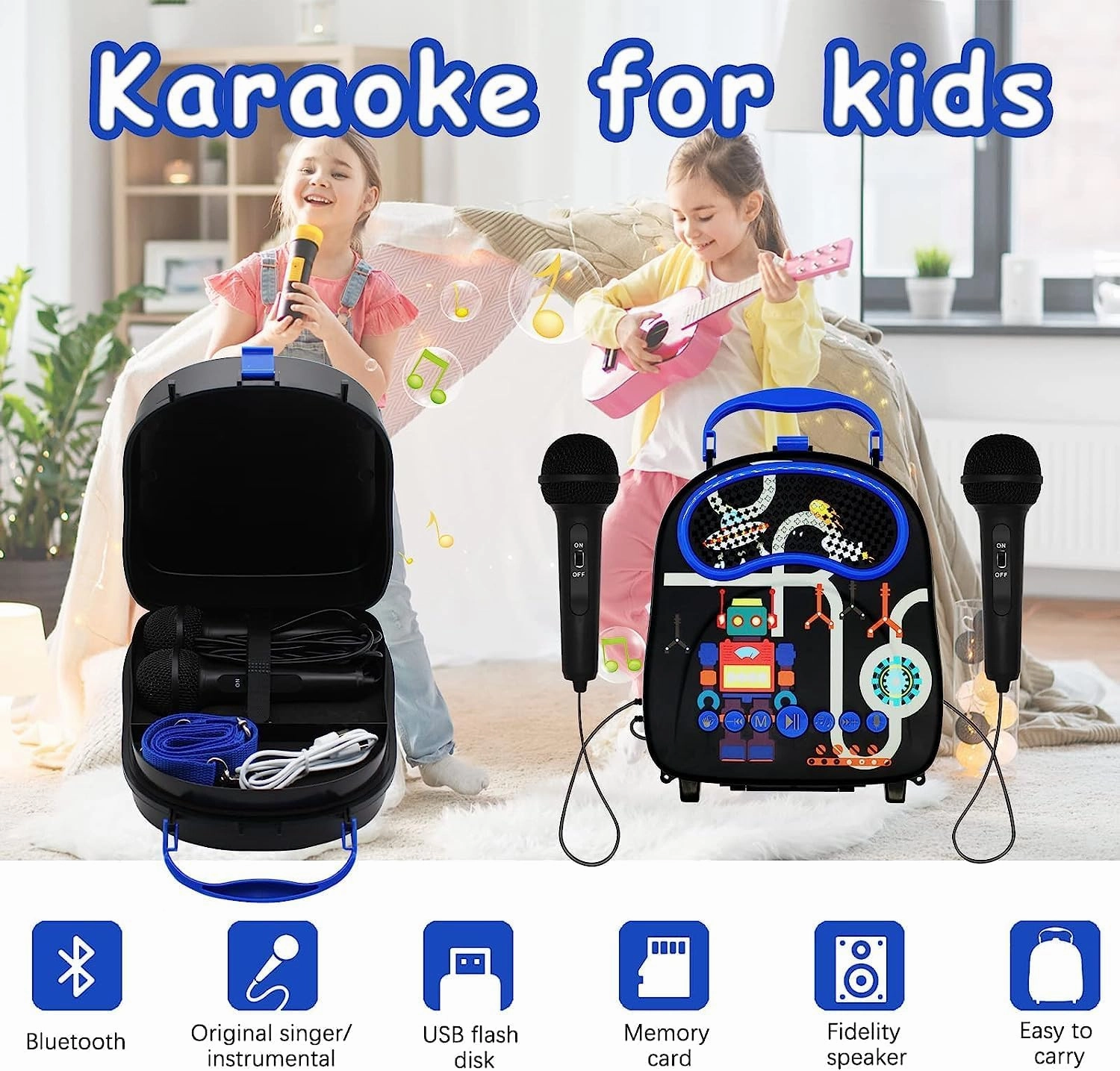 GOMINIMO Kids Portable Karaoke with Two Microphones (Rectangle, Black Robot)