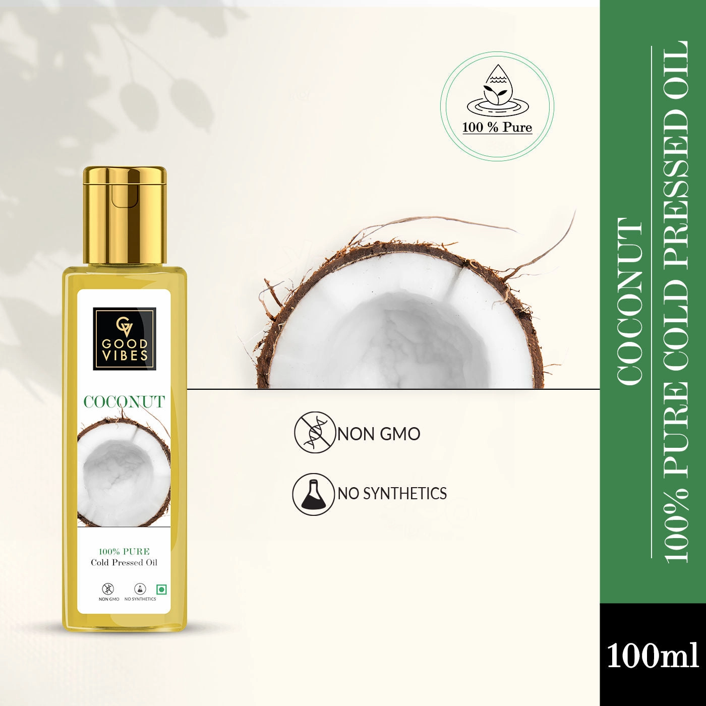 Good Vibes Coconut 100% Pure Cold Pressed Carrier Oil For Hair & Skin | Hair Growth, Anti-Ageing | No Parabens, No Animal Testing (100 ml)