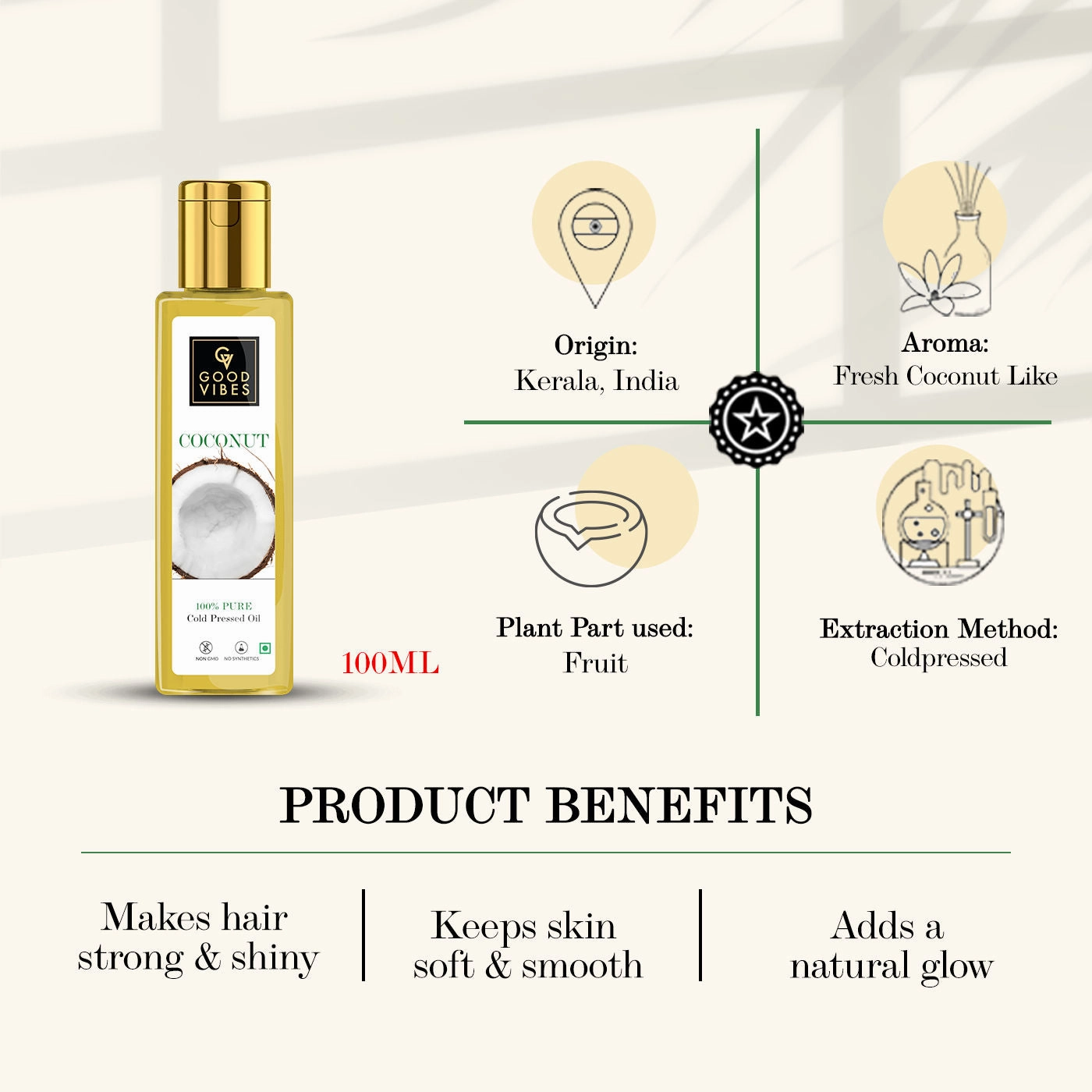 Good Vibes Coconut 100% Pure Cold Pressed Carrier Oil For Hair & Skin | Hair Growth, Anti-Ageing | No Parabens, No Animal Testing (100 ml)