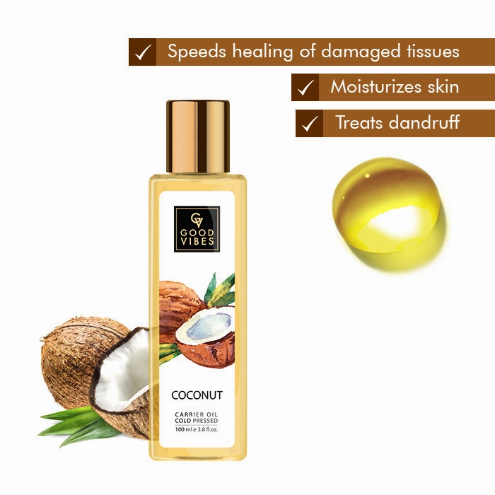 Good Vibes Coconut 100% Pure Cold Pressed Carrier Oil For Hair & Skin | Hair Growth, Anti-Ageing | No Parabens, No Animal Testing (100 ml)