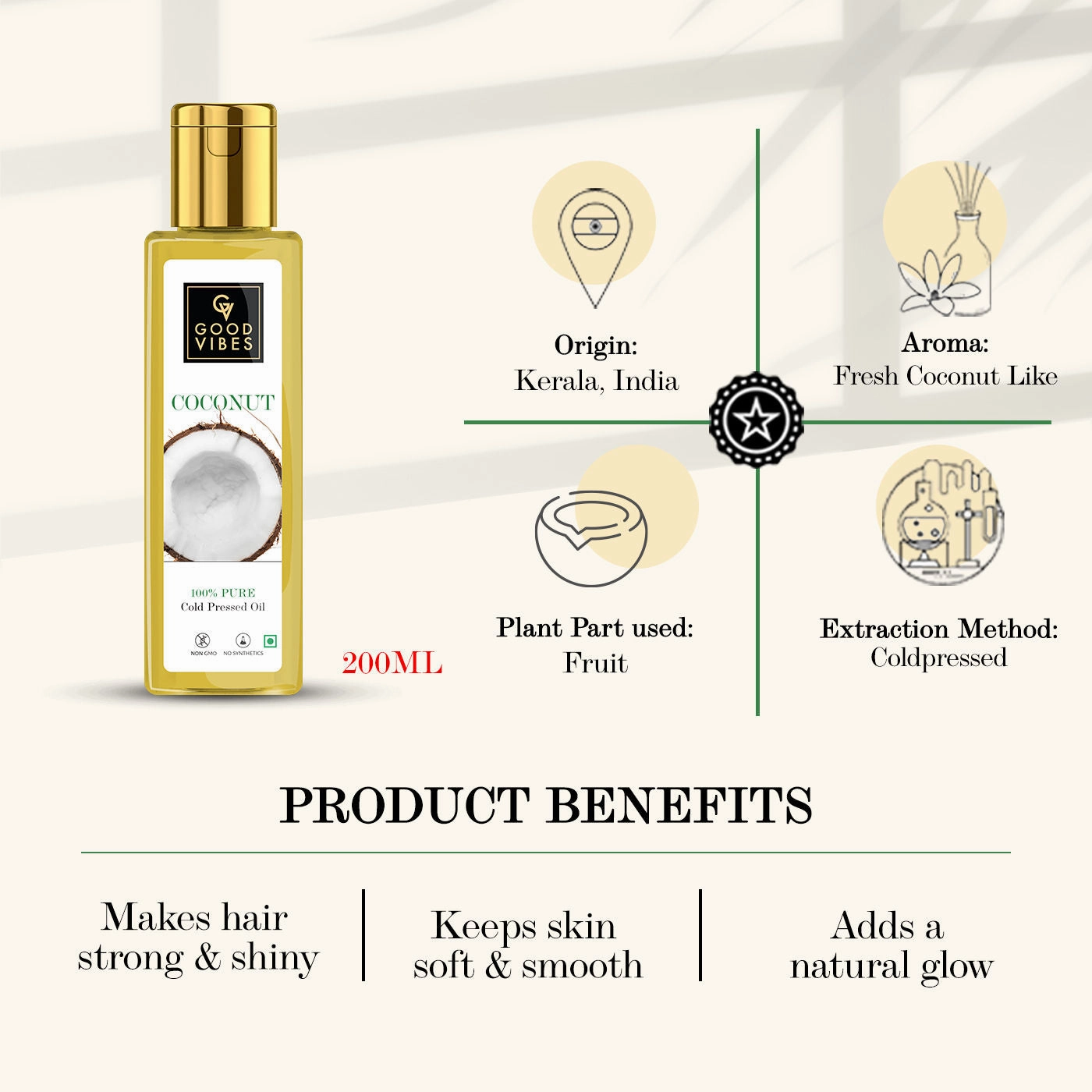 Good Vibes Coconut 100% Pure Coldpressed Carrier Oil | Hair Growth, Anti-Ageing, Hydrating | No Parabens, No Sulphates, No Mineral Oil (200 ml)