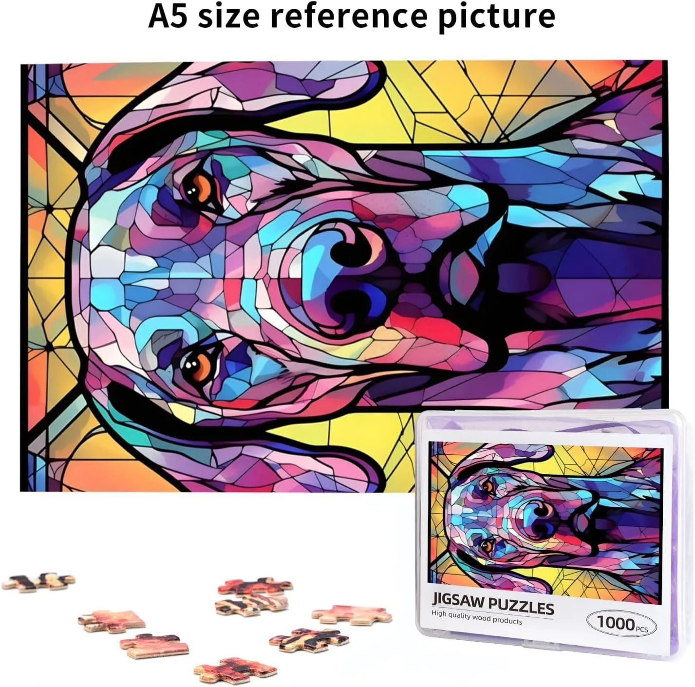 Great Dane Dogs Lovers Stained Colorful Glass 1000 Pieces Art Painting Wooden Puzzle for Kids Adults, Birthday Mother's Father's Day Christmas for Dad Mom Son Daughter