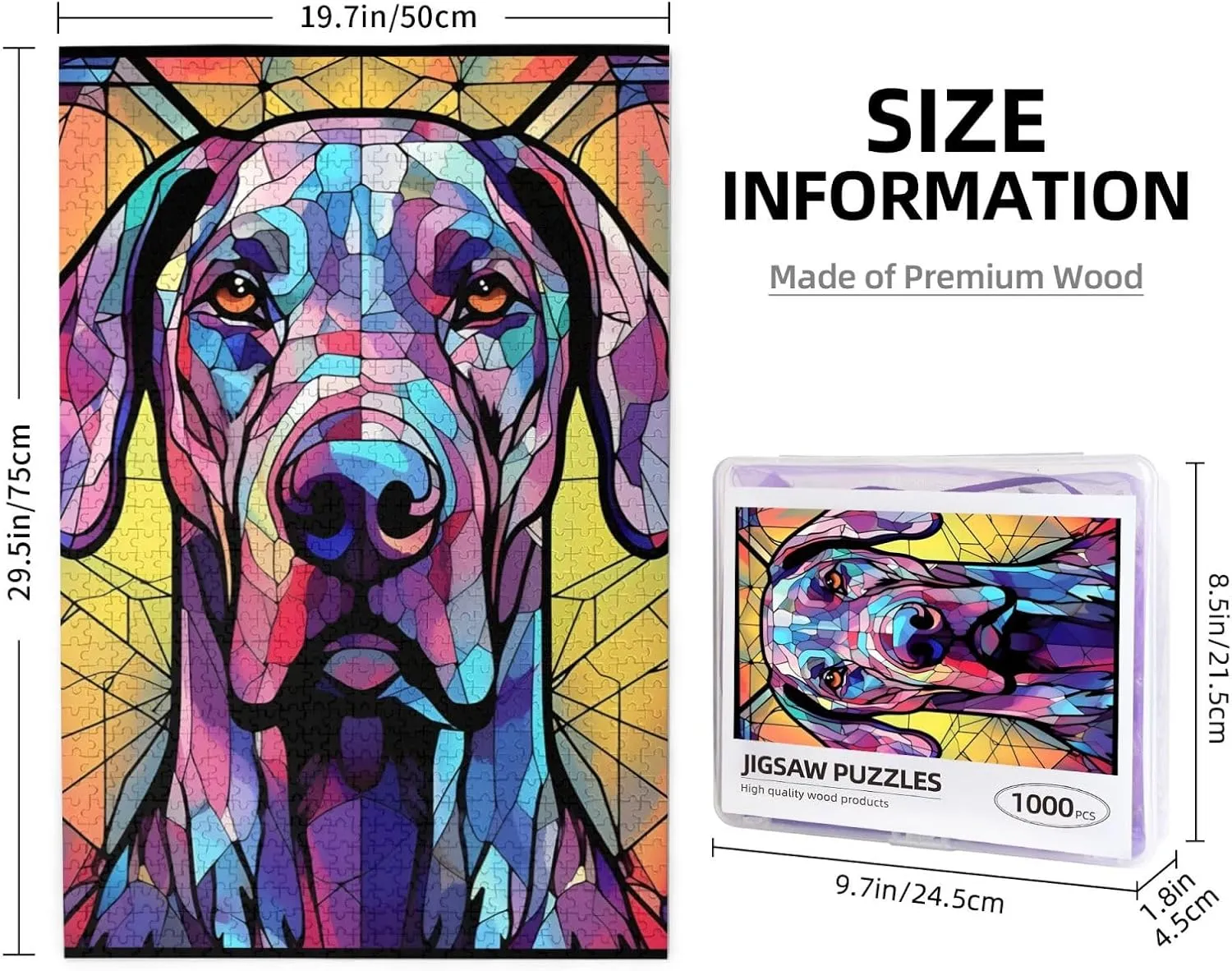 Great Dane Dogs Lovers Stained Colorful Glass 1000 Pieces Art Painting Wooden Puzzle for Kids Adults, Birthday Mother's Father's Day Christmas for Dad Mom Son Daughter