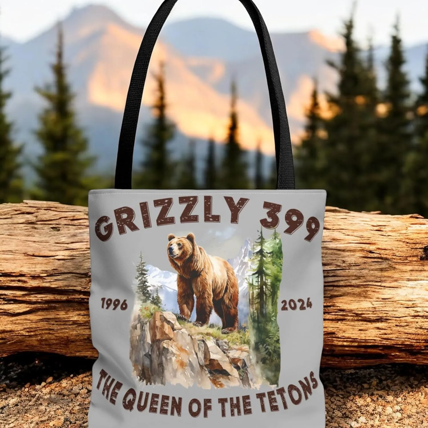 Grizzly 399 Queen of the Tetons Forever Souvenir Tote Bag Gift, In Memory of Famous Bear 399 Cub Mom of Grand Teton National Park Christmas Gift for Wildlife Enthusiast. (Grey, Small 13x13)