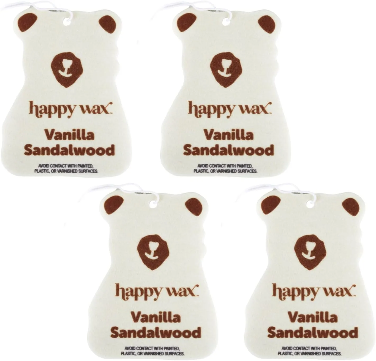 Happy Wax Vanilla Sandalwood Hanging Car Cub Air Freshener - Scented and Infused with Natural Essential Oils - Cute 4-Pack
