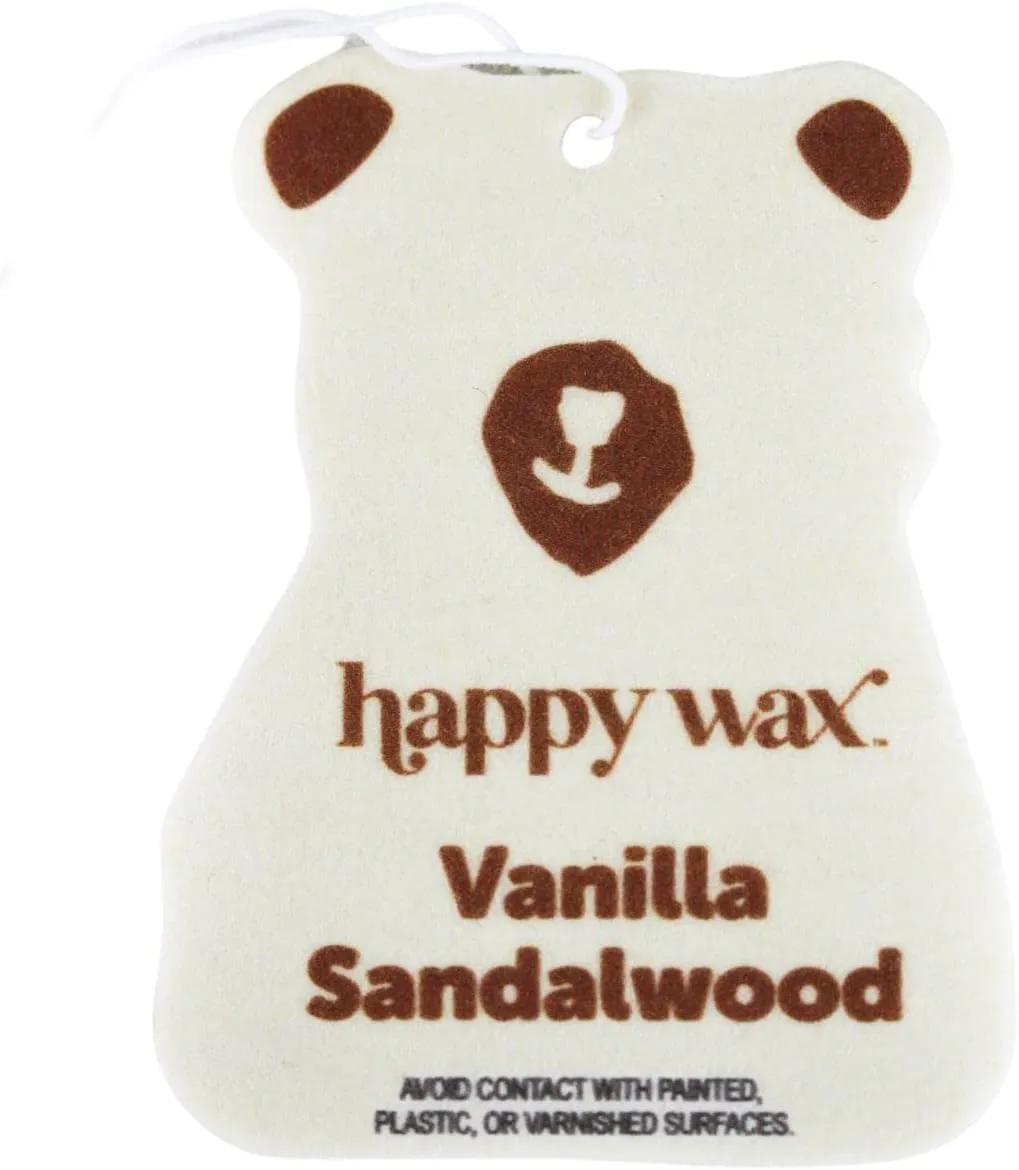 Happy Wax Vanilla Sandalwood Hanging Car Cub Air Freshener - Scented and Infused with Natural Essential Oils - Cute 4-Pack