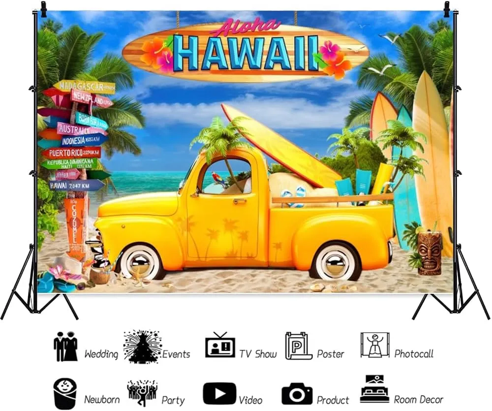 Hawaii Party Backdrop Self-Driving Tour Road Trip Photography Background Palm Trees Surfboard Car Decor Hawaiian Seaside Beach Birthday Luau Party Baby Shower Banner Photo Booth Props Vinyl 8x6ft