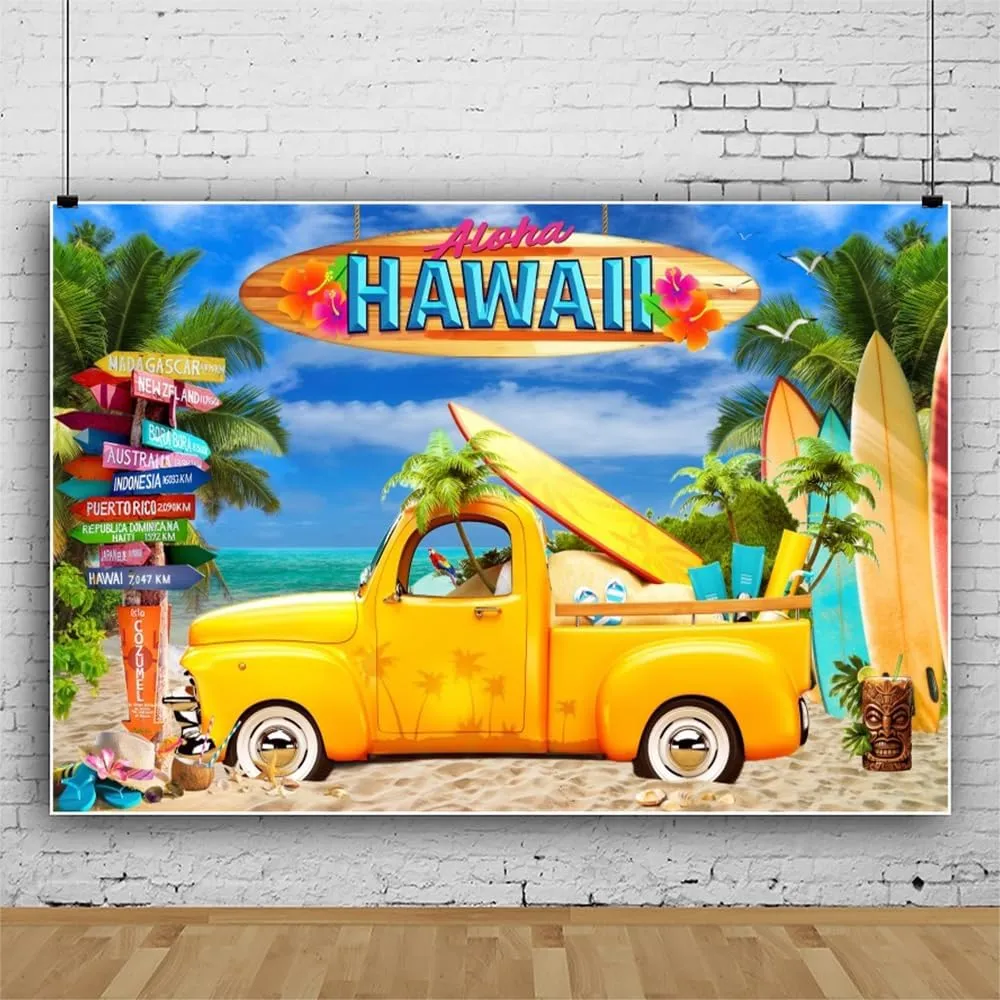 Hawaii Party Backdrop Self-Driving Tour Road Trip Photography Background Palm Trees Surfboard Car Decor Hawaiian Seaside Beach Birthday Luau Party Baby Shower Banner Photo Booth Props Vinyl 8x6ft