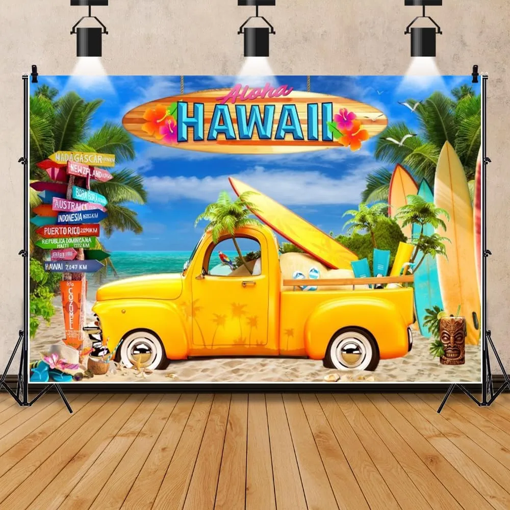 Hawaii Party Backdrop Self-Driving Tour Road Trip Photography Background Palm Trees Surfboard Car Decor Hawaiian Seaside Beach Birthday Luau Party Baby Shower Banner Photo Booth Props Vinyl 8x6ft