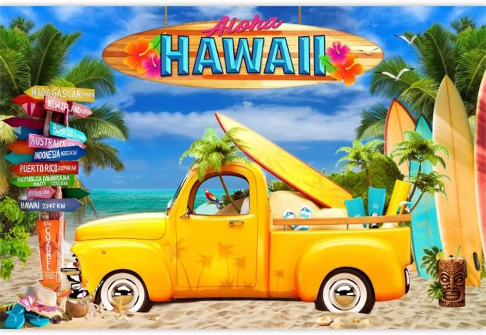 Hawaii Party Backdrop Self-Driving Tour Road Trip Photography Background Palm Trees Surfboard Car Decor Hawaiian Seaside Beach Birthday Luau Party Baby Shower Banner Photo Booth Props Vinyl 8x6ft