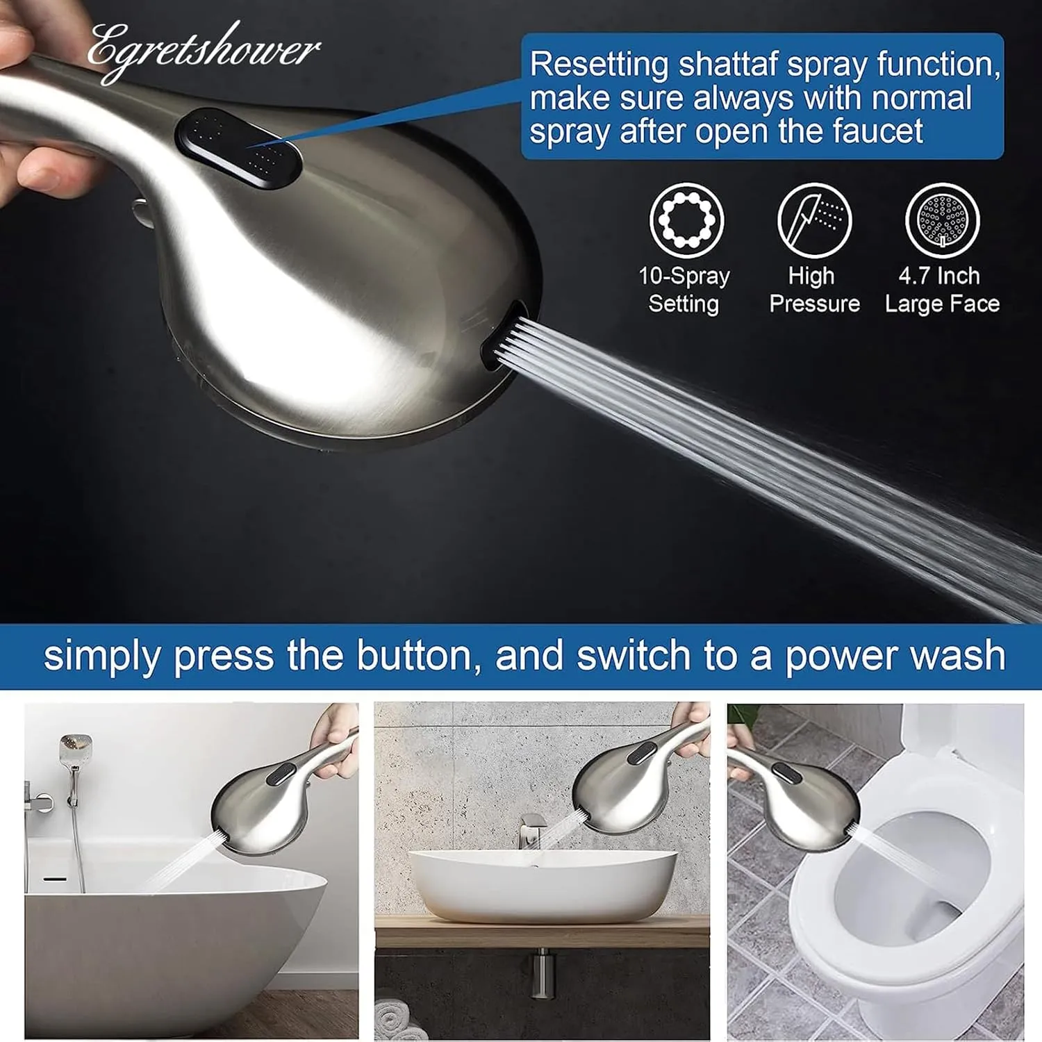 High Pressure Handheld Shower Head, 10-Setting Showerhead, 4.7”Detachable Showerhead Set with 5ft Hose, Adjustable Bracket and Built-in Power Wash to Clean Tub, Tile & Pets - Brush Nickel