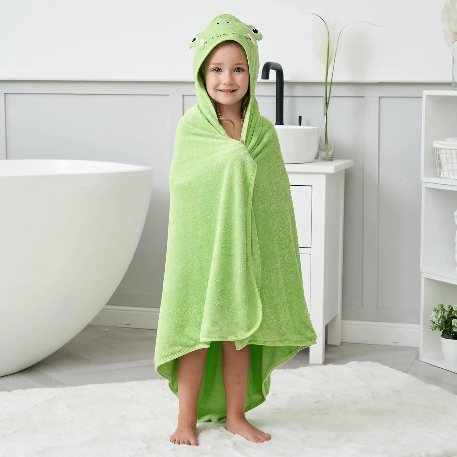 HIPHOP PANDA Hooded Towel - Rayon Made from Bamboo, Bath Towel with Bear Ears for Newborn, Babie, Toddler, Infant - Absorbent Large Baby Towel - Frog, 30 x 30 Inch