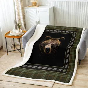 Homewish Brown Bear Head Decor Throw Blanket Queen Rustic Farmhouse Vintage Grid Fleece Blanket for Kids Teens Adults Cute Watercolor Wild Jungle Animal Cabin Fuzzy Blanket for Living Room