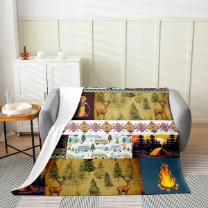 Homewish Camping Adventure Theme Throw Blanket Twin 60x80 Cartoon RV Trailer Tent Flannel Blanket for Kids Teens Adults Jungle Deer Pine Trees Retro Stripes Bed Blanket for Car Chairs Sofa