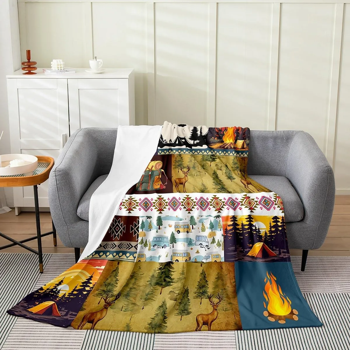 Homewish Camping Adventure Theme Throw Blanket Twin 60x80 Cartoon RV Trailer Tent Flannel Blanket for Kids Teens Adults Jungle Deer Pine Trees Retro Stripes Bed Blanket for Car Chairs Sofa