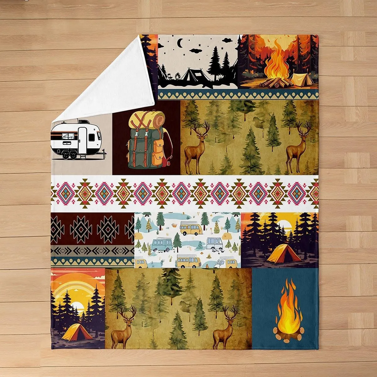 Homewish Camping Adventure Theme Throw Blanket Twin 60x80 Cartoon RV Trailer Tent Flannel Blanket for Kids Teens Adults Jungle Deer Pine Trees Retro Stripes Bed Blanket for Car Chairs Sofa