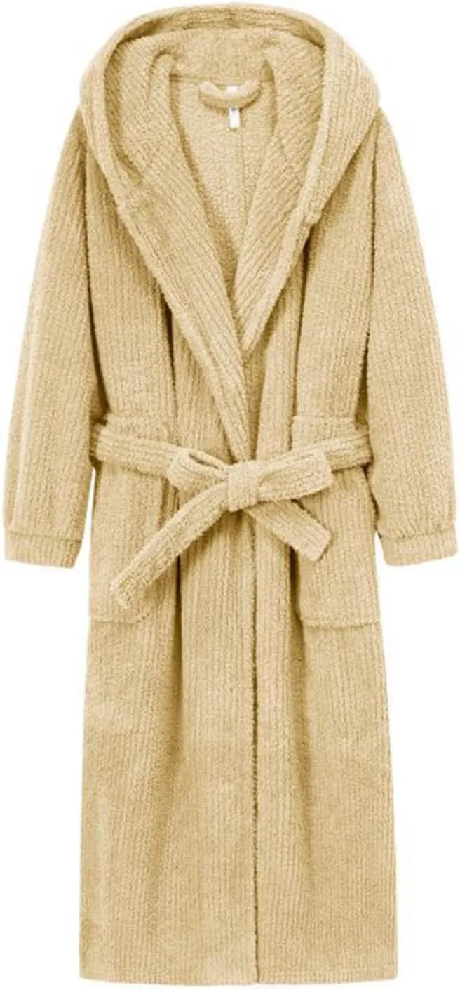 Hooded Plush Robe for Women Fuzzy Fleece Winter Warm Soft Long Bathrobes Solid Lounge Belted Nightgown with Pockets