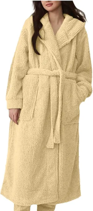Hooded Plush Robe for Women Fuzzy Fleece Winter Warm Soft Long Bathrobes Solid Lounge Belted Nightgown with Pockets