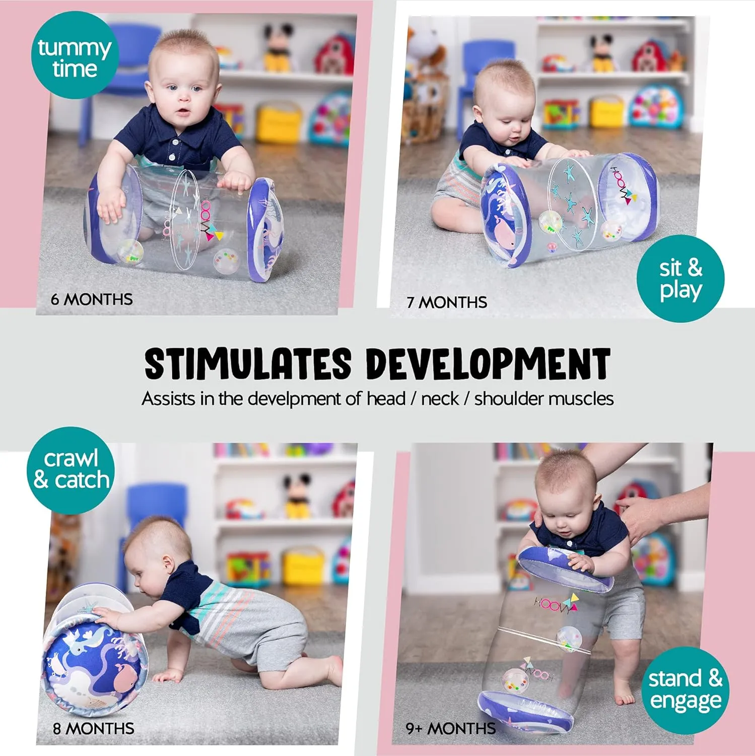 Hoovy Infant Crawling Toys for Babies 6-12 Months, Beginner Crawl Along Baby Roller, Drop Maze Tummy Time Activity Center (Sea Animals)