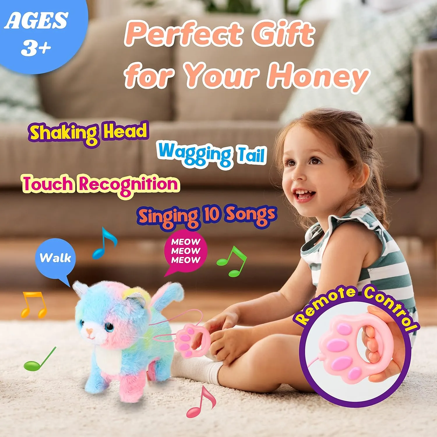 Hopearl Walking Cat Interactive Electronic Pet Singing Kitty Toy Remote Control Leash Animated Musical Kitten Miaow Wagging Tail Touch Recognition Gifts for Toddlers Birthday, Rainbow, 10.5''