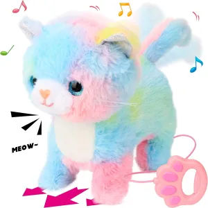 Hopearl Walking Cat Interactive Electronic Pet Singing Kitty Toy Remote Control Leash Animated Musical Kitten Miaow Wagging Tail Touch Recognition Gifts for Toddlers Birthday, Rainbow, 10.5''