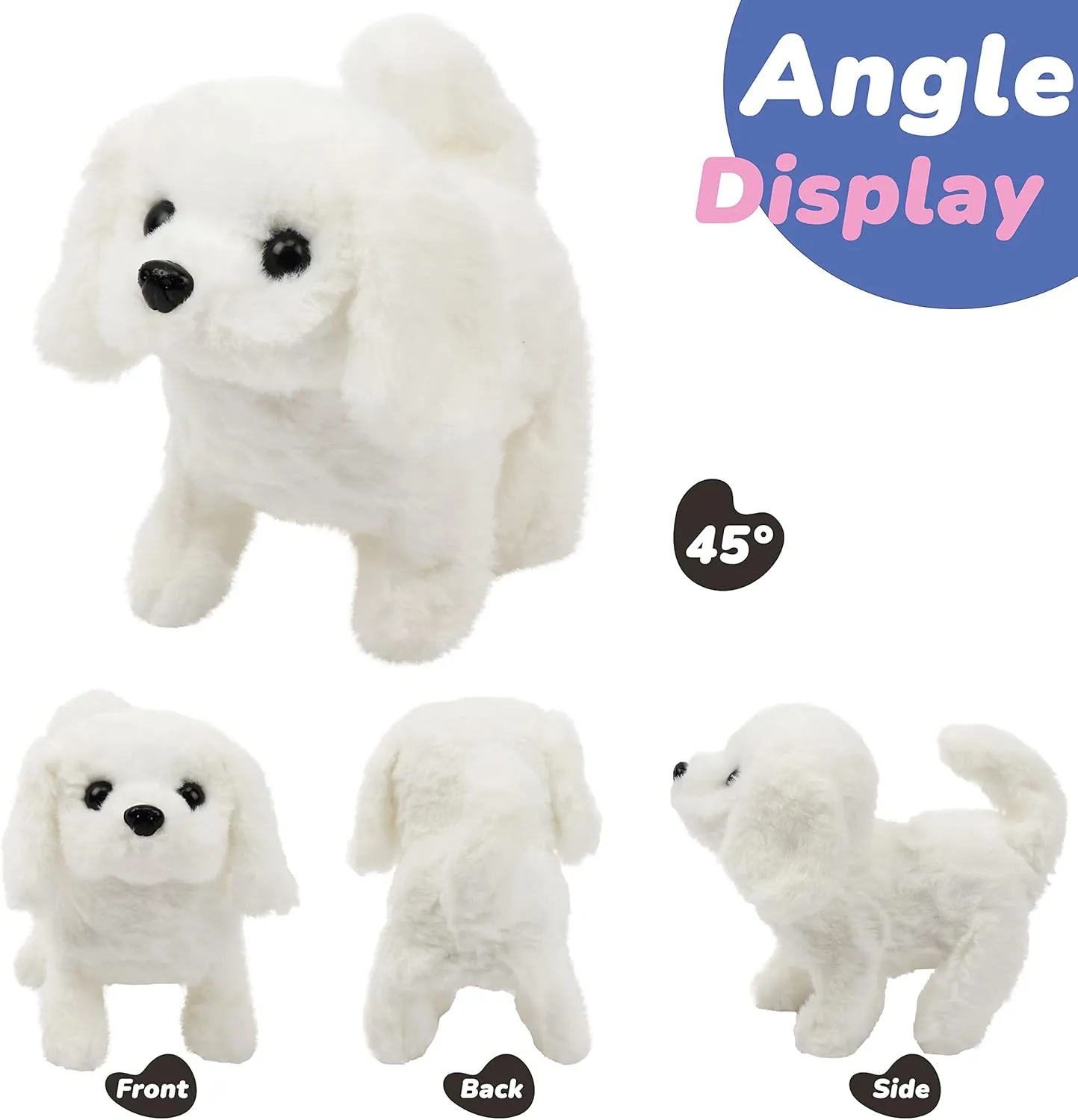 Hopearl Walking Dog Bichon Interactive Electronic Pet Plush Toy Puppy Woof and Moving Animated Nodding Head Gifts for Toddlers Birthday, White, 7''