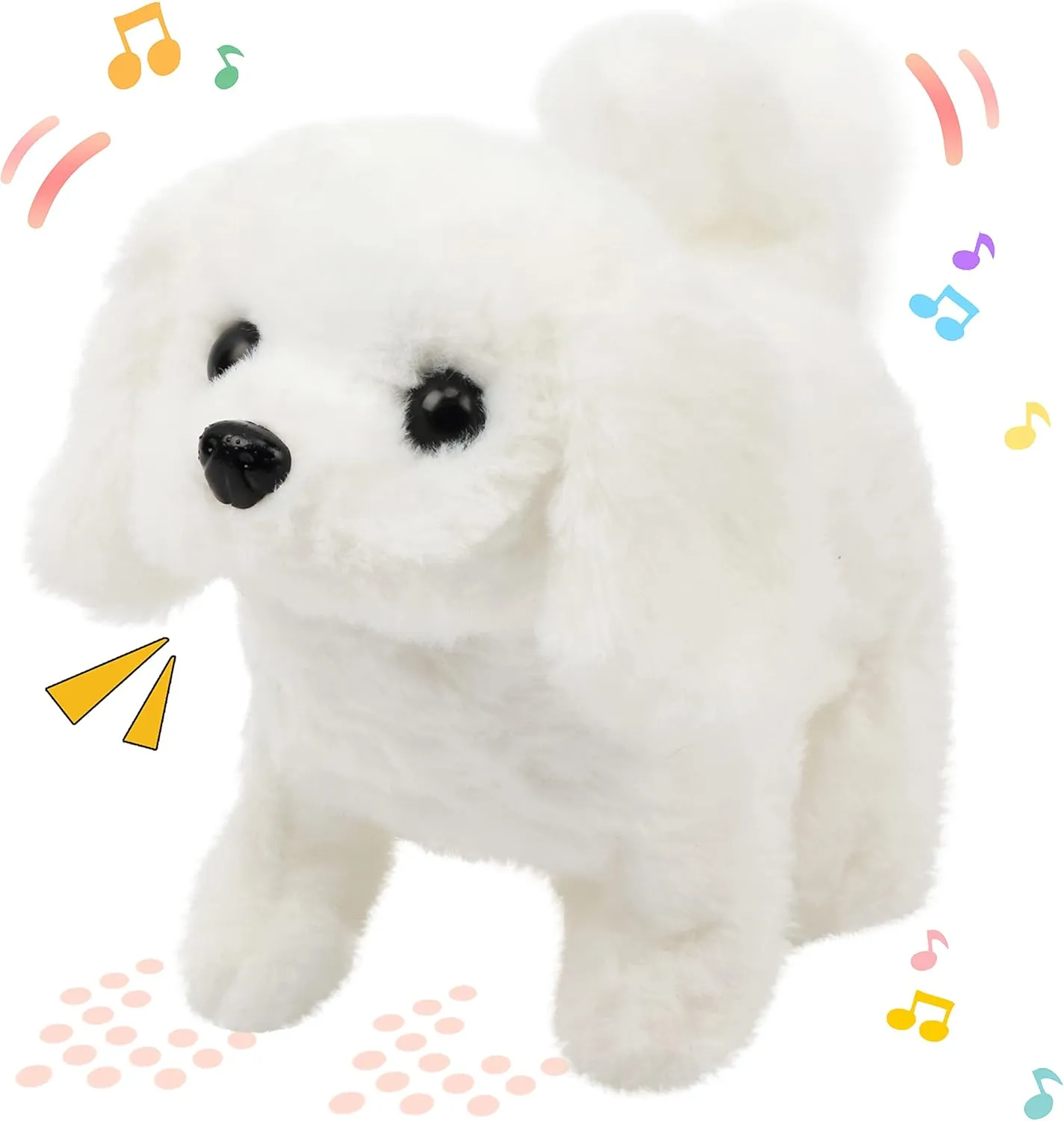 Hopearl Walking Dog Bichon Interactive Electronic Pet Plush Toy Puppy Woof and Moving Animated Nodding Head Gifts for Toddlers Birthday, White, 7''