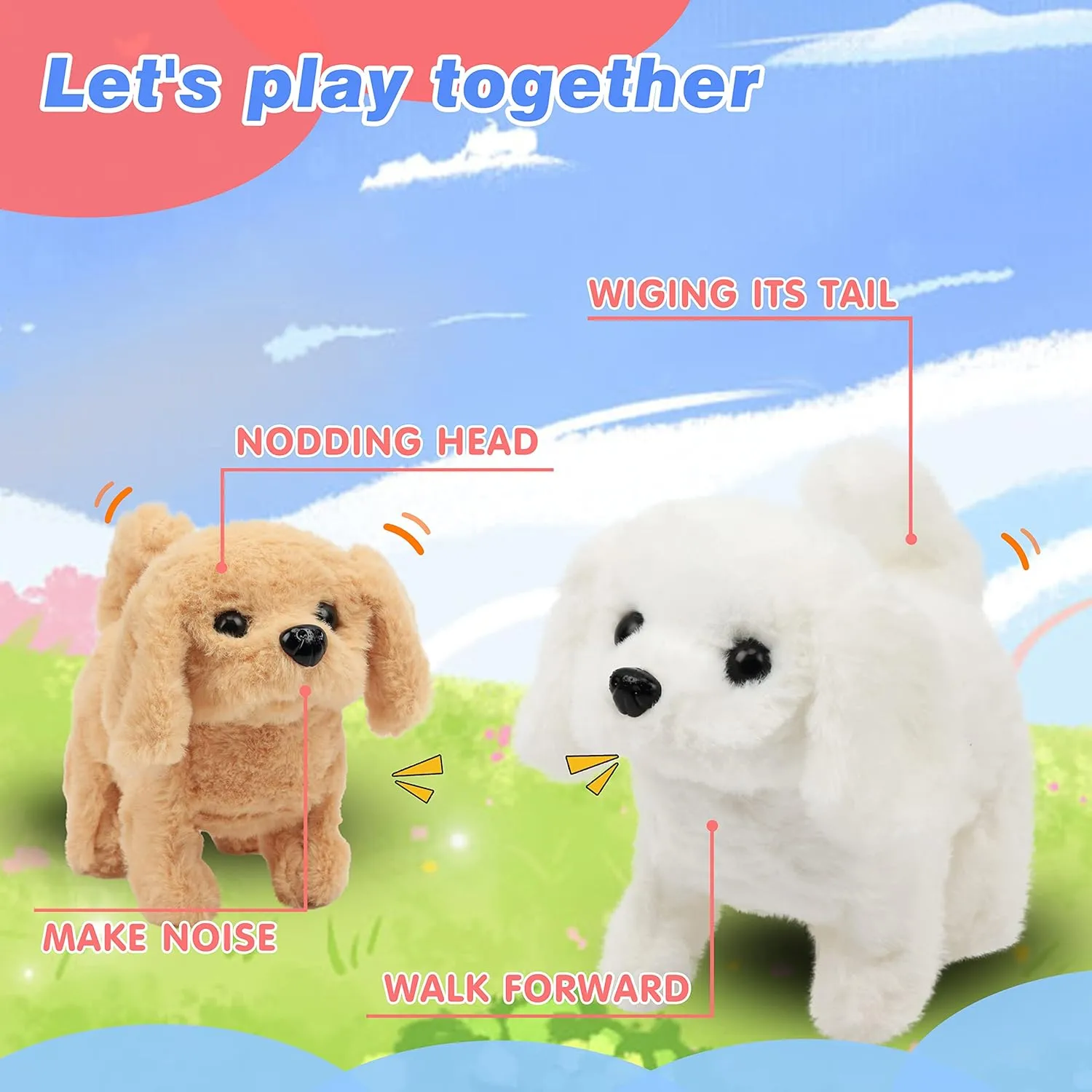 Hopearl Walking Dog Bichon Interactive Electronic Pet Plush Toy Puppy Woof and Moving Animated Nodding Head Gifts for Toddlers Birthday, White, 7''