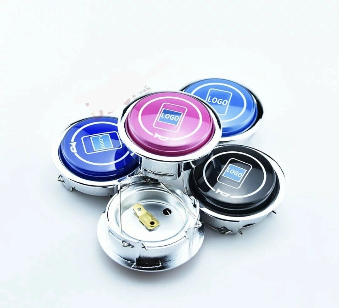 Horn button with logo, black, red, pink, blue or dark blue color