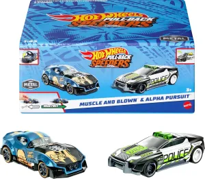 Hot Wheels Pull-Back Speeders Set of 2 Toy Cars in 1:43 Scale, Pull Cars Backward & Release, High-Performance, Collectible, with Rolomatic Engine or Door or Hood That Opens​​​​ (Amazon Exclusive)