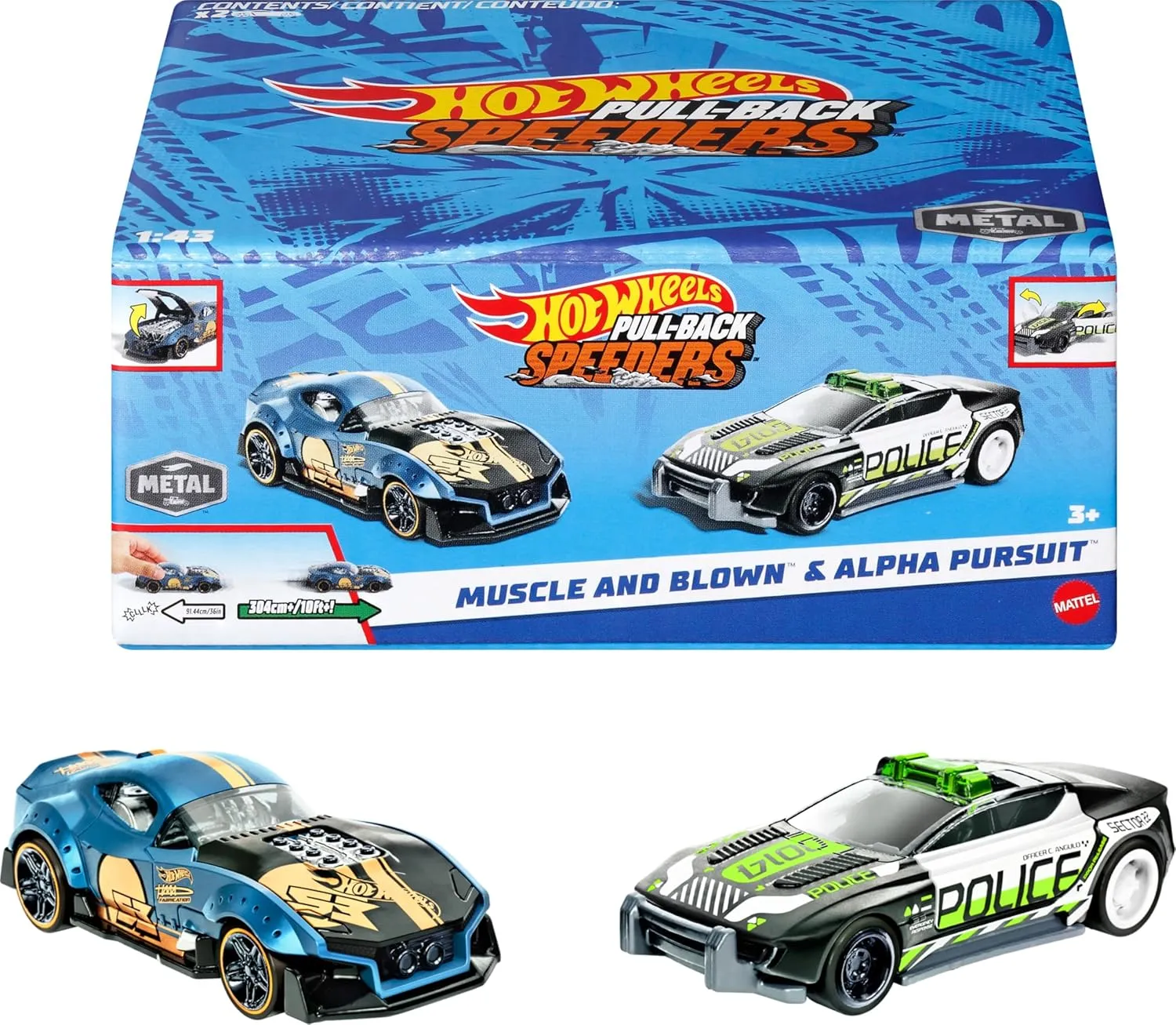 Hot Wheels Pull-Back Speeders Set of 2 Toy Cars in 1:43 Scale, Pull Cars Backward & Release, High-Performance, Collectible, with Rolomatic Engine or Door or Hood That Opens​​​​ (Amazon Exclusive)