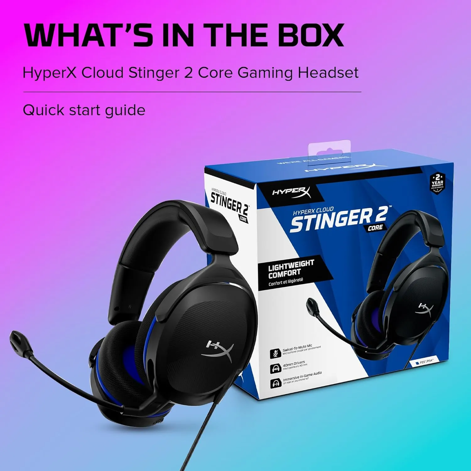 HyperX Cloud Stinger 2 Core - Gaming Headset for Playstation, Lightweight Over-Ear Headset with mic, Swivel-to-Mute Function, 40mm Drivers - Black