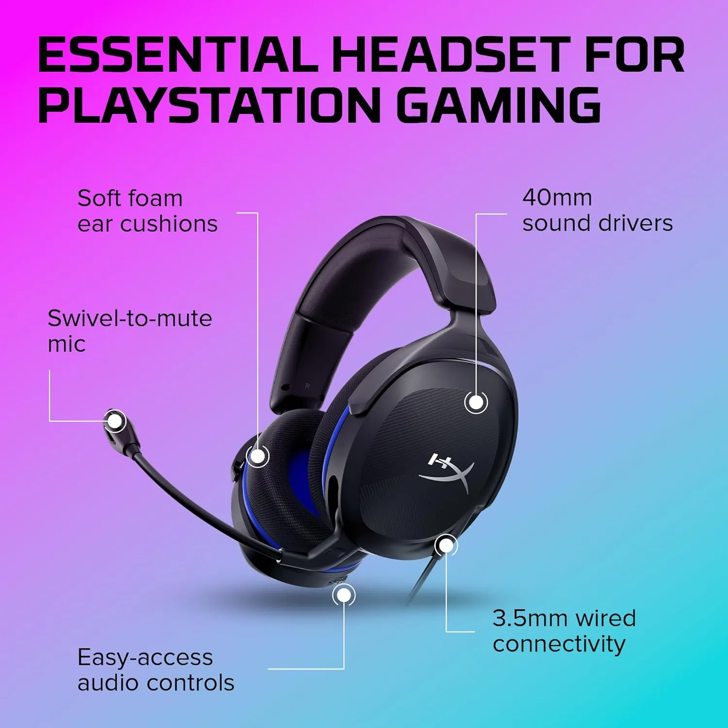 HyperX Cloud Stinger 2 Core - Gaming Headset for Playstation, Lightweight Over-Ear Headset with mic, Swivel-to-Mute Function, 40mm Drivers - Black