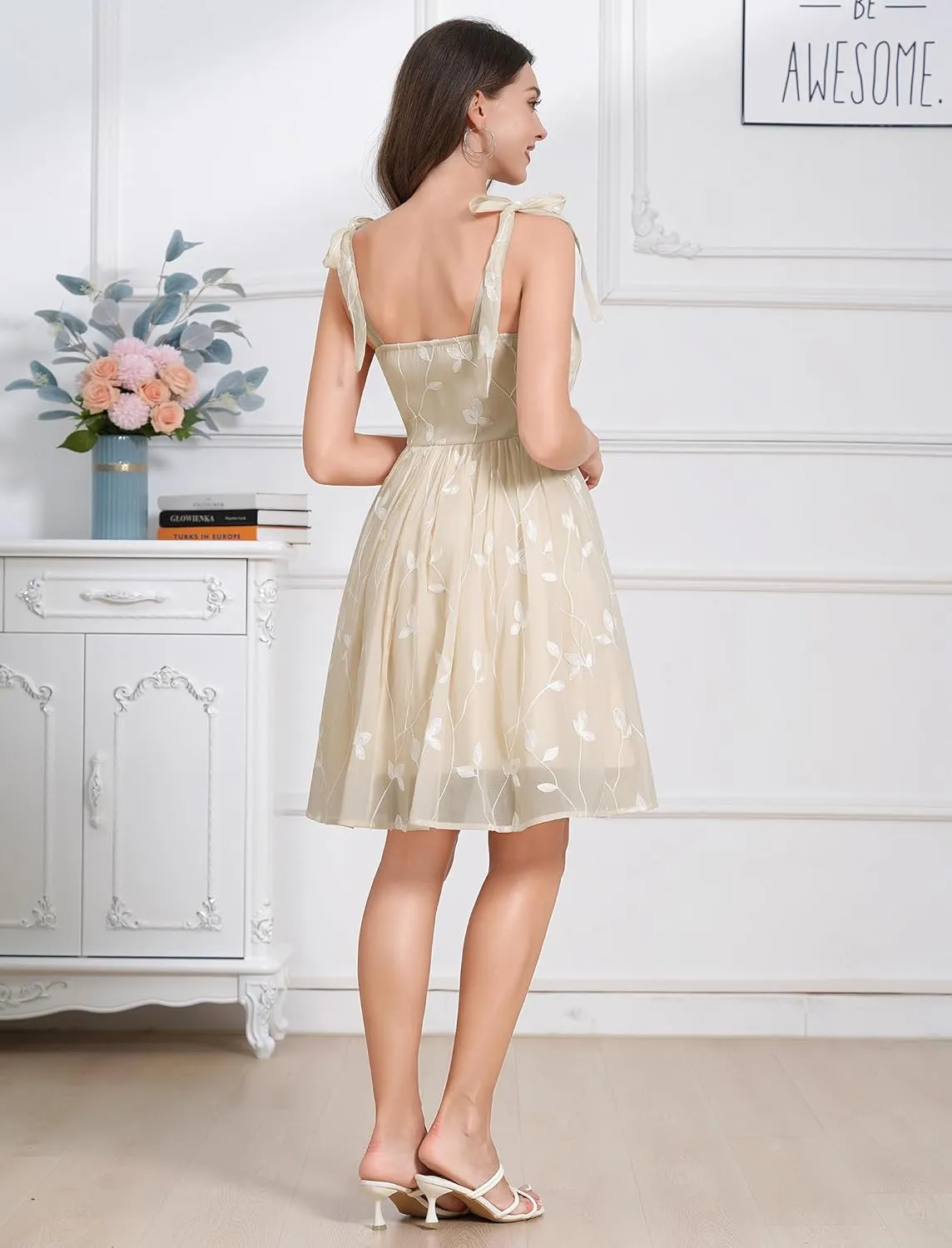 IDOPIP Women Vintage Bowknot Swing Dress Elegant Leaf Embroidery Mesh Dress 1950s Retro Cocktail Prom Gown Formal Midi Dress