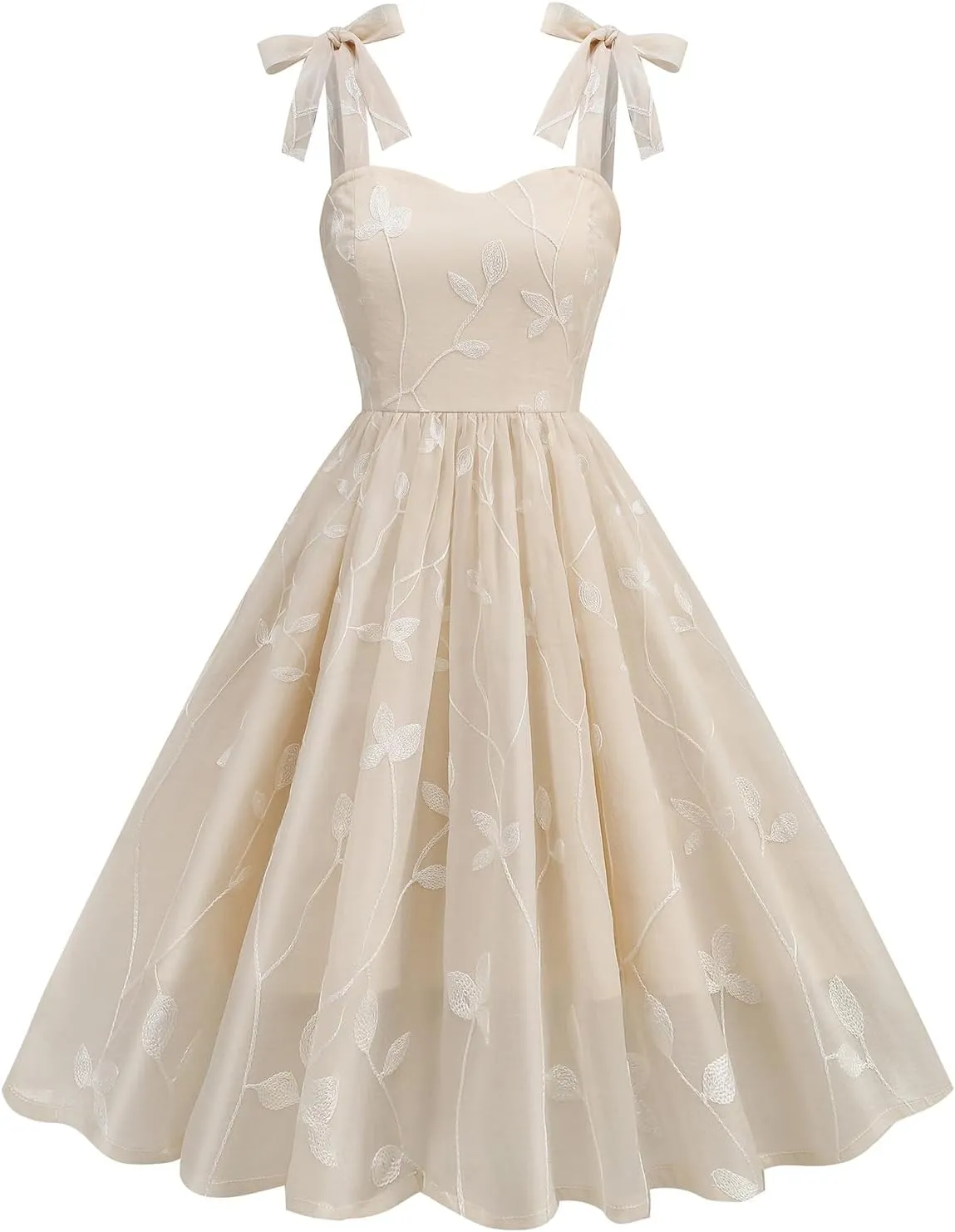 IDOPIP Women Vintage Bowknot Swing Dress Elegant Leaf Embroidery Mesh Dress 1950s Retro Cocktail Prom Gown Formal Midi Dress