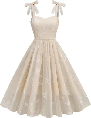 IDOPIP Women Vintage Bowknot Swing Dress Elegant Leaf Embroidery Mesh Dress 1950s Retro Cocktail Prom Gown Formal Midi Dress