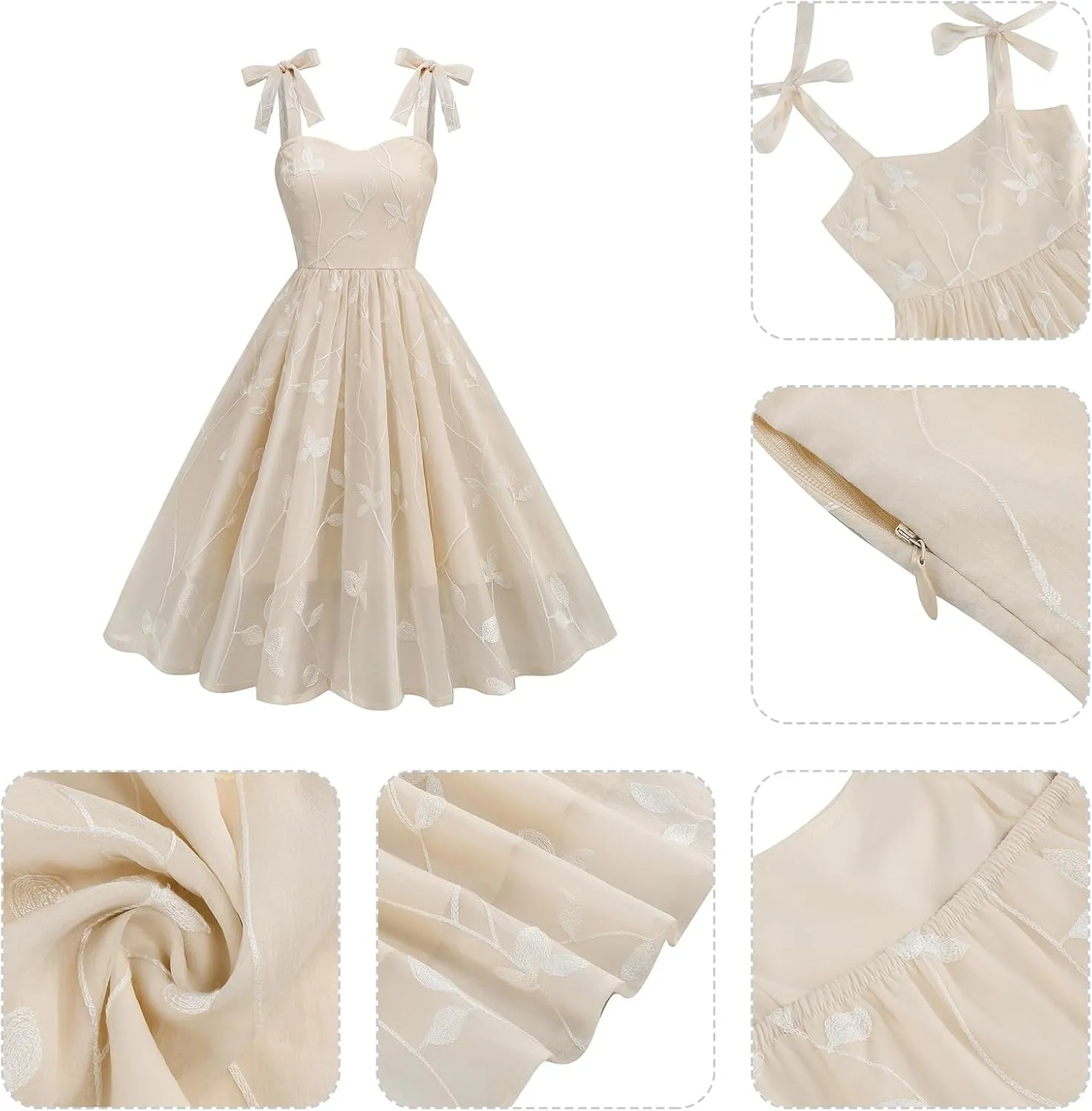 IDOPIP Women Vintage Bowknot Swing Dress Elegant Leaf Embroidery Mesh Dress 1950s Retro Cocktail Prom Gown Formal Midi Dress