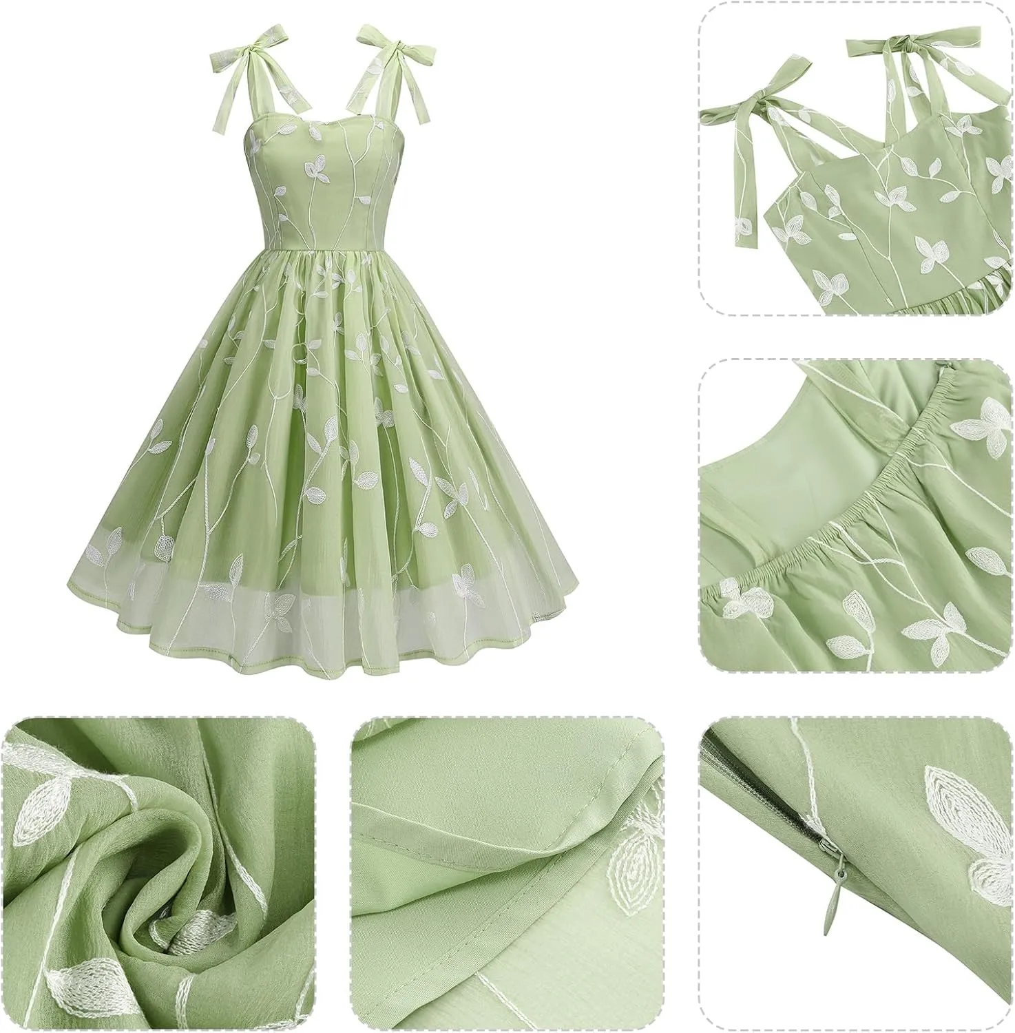 IDOPIP Women Vintage Bowknot Swing Dress Elegant Leaf Embroidery Mesh Dress 1950s Retro Cocktail Prom Gown Formal Midi Dress