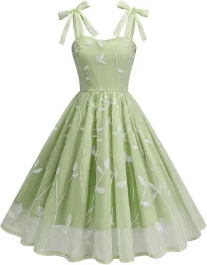 IDOPIP Women Vintage Bowknot Swing Dress Elegant Leaf Embroidery Mesh Dress 1950s Retro Cocktail Prom Gown Formal Midi Dress
