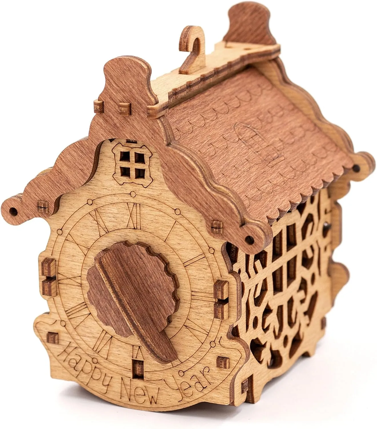 iDventure Happy New Year Treasure Box - Wooden 3D Puzzle with a Secret - Christmas Decoration Tree Toy - Cryptex - Gift Money Box for Cash - Escape Room Game