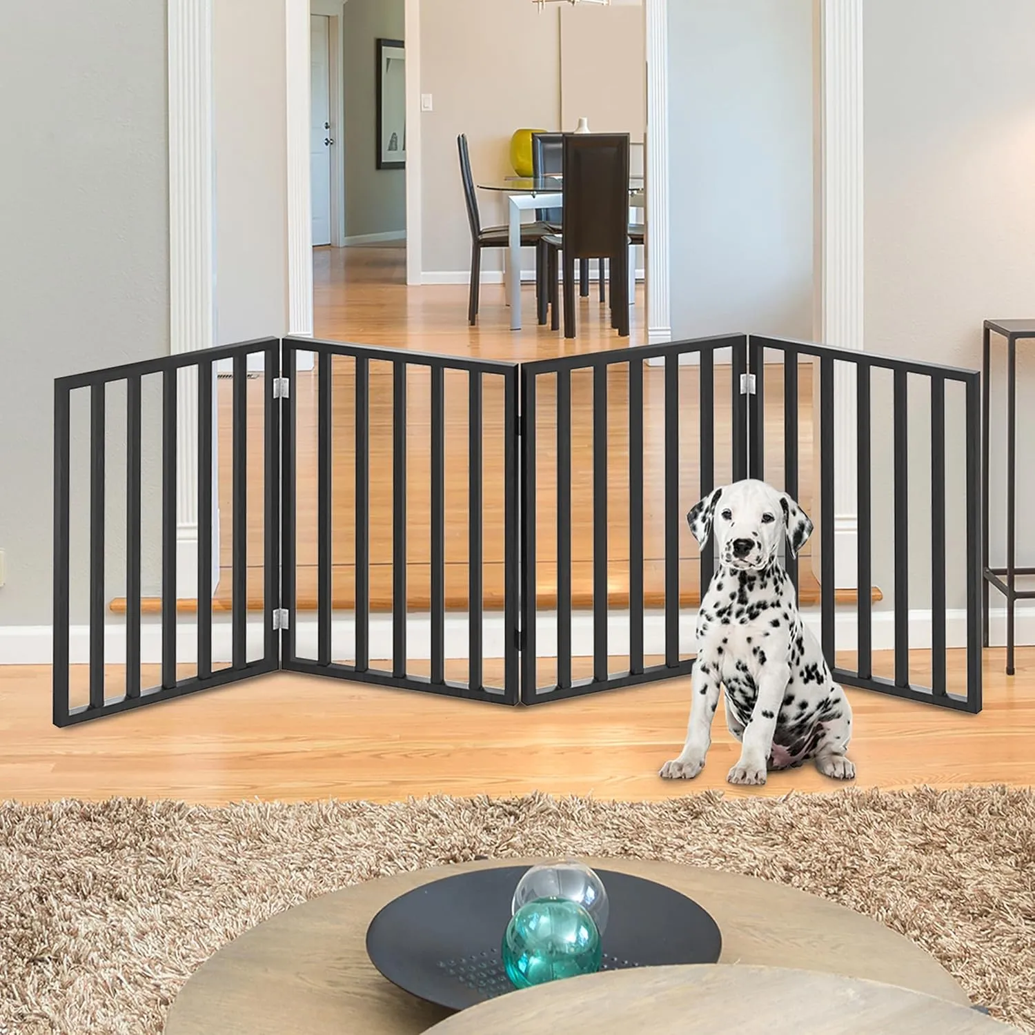 Indoor Pet Gate - 4-Panel Folding Dog Gate for Stairs or Doorways - 72x24-Inch Freestanding Pet Fence for Cats and Dogs by PETMAKER (Black)