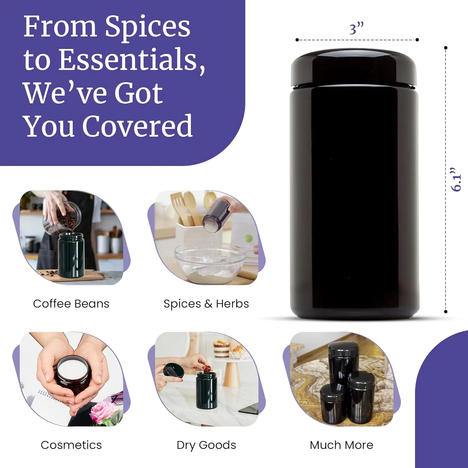 Infinity Jars Classic Black Glass Jar 500 ml (17 fl oz) Ultraviolet Airtight Smell Proof, Refillable Screw Top Container for Long-Term Storage of Coffee, Spices, Tea, Dried Goods, Kitchen Jar
