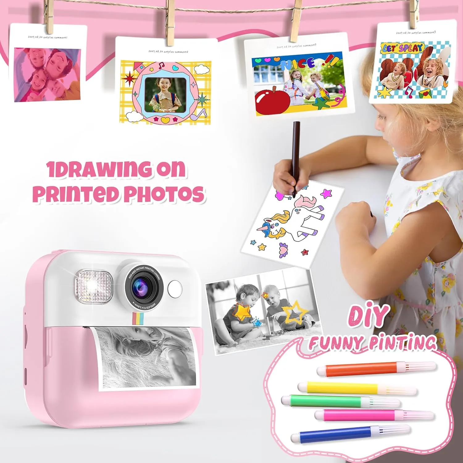 Instant Print Camera for Kids, Christmas Birthday Gifts for Girls Age 3-10, Toddler Toy for 3 4 5 6 7 8 9 10 Year Old Girls with 3 Roller Photo Paper (Pink)