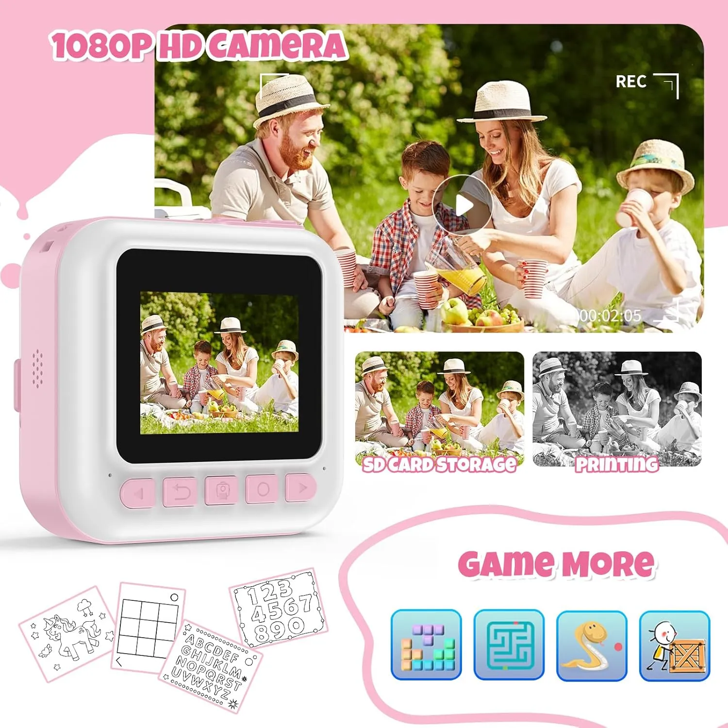 Instant Print Camera for Kids, Christmas Birthday Gifts for Girls Age 3-10, Toddler Toy for 3 4 5 6 7 8 9 10 Year Old Girls with 3 Roller Photo Paper (Pink)