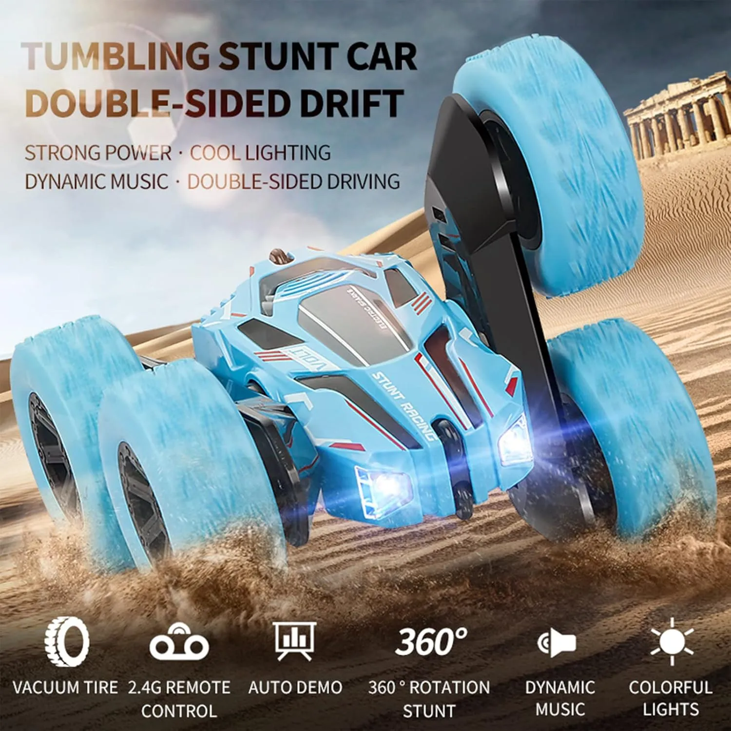 INT’L Flyer Wireless Remote Control Stunt Tumbler, Car Toys, 2.4GHz Wireless Remote Control, 360 ° Rotating Drift, with Music and Colorful Lights, The for Boys/Girls