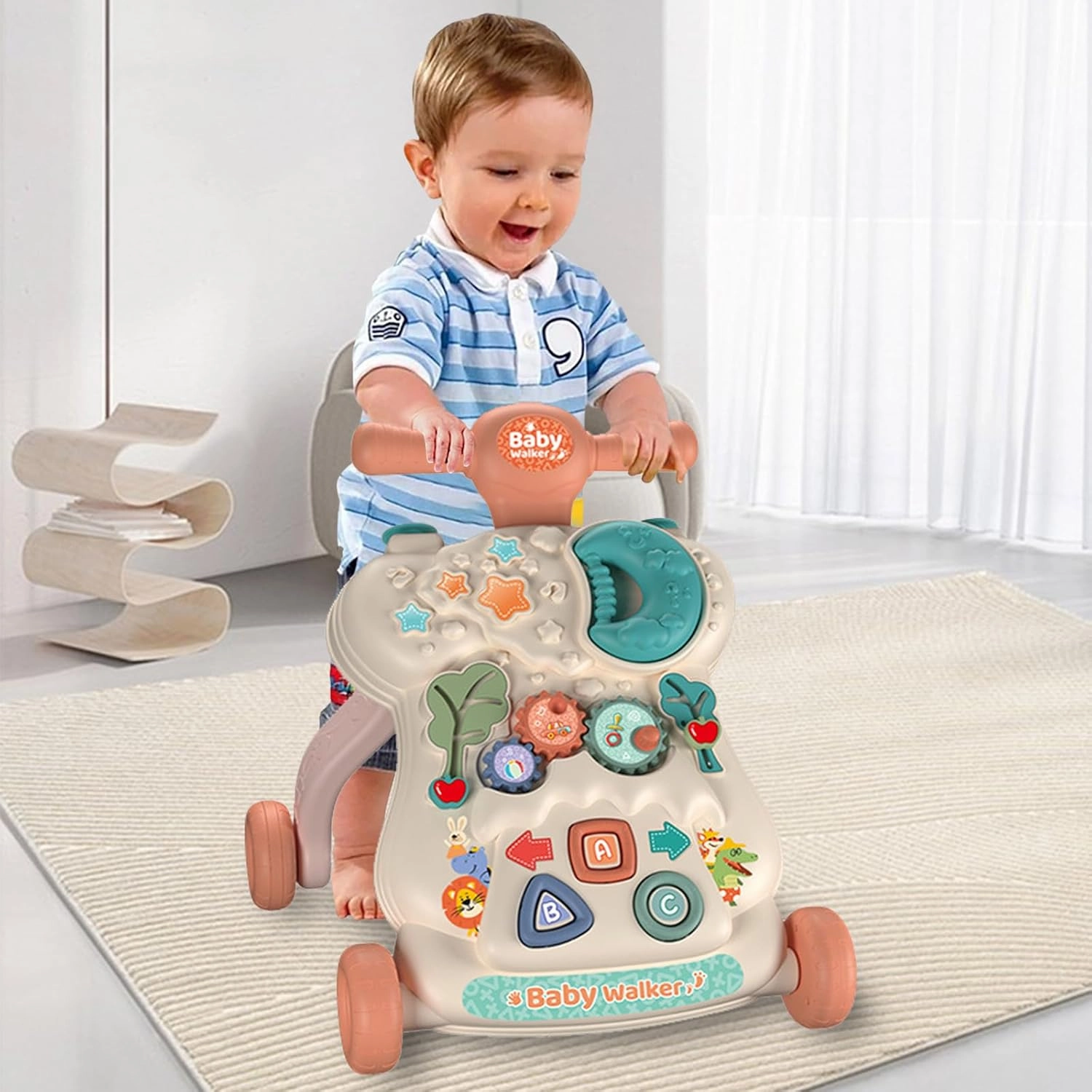 IoF Baby Push Walker, Walker for Baby Boy Girl 6-12 Months with Educational Play Learning Panel, Sit-to-Stand Walkers, Child Activity Center & Toys for 12-18 Months Baby Boys Girls(Pink Moon)
