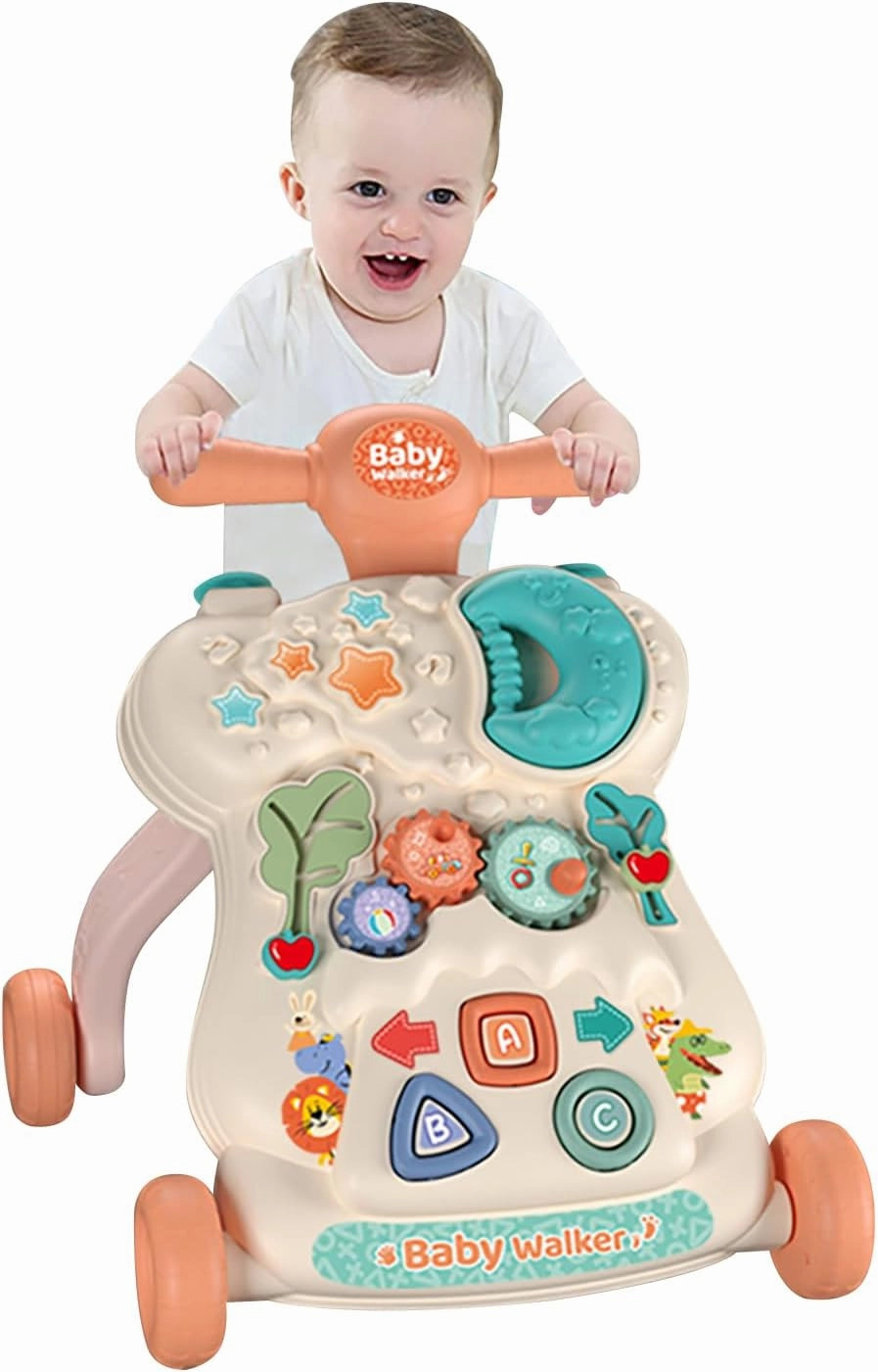 IoF Baby Push Walker, Walker for Baby Boy Girl 6-12 Months with Educational Play Learning Panel, Sit-to-Stand Walkers, Child Activity Center & Toys for 12-18 Months Baby Boys Girls(Pink Moon)