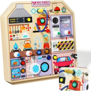 JAUNTY Kitchen Busy Board Toy for 3 4 5 Years Old, Wooden Sensory Toys Montessori 3-5 Toddler Girls Toy with Sound, Learning Kitchen Toys Great 1st First Birthday Gift for Girls Boys